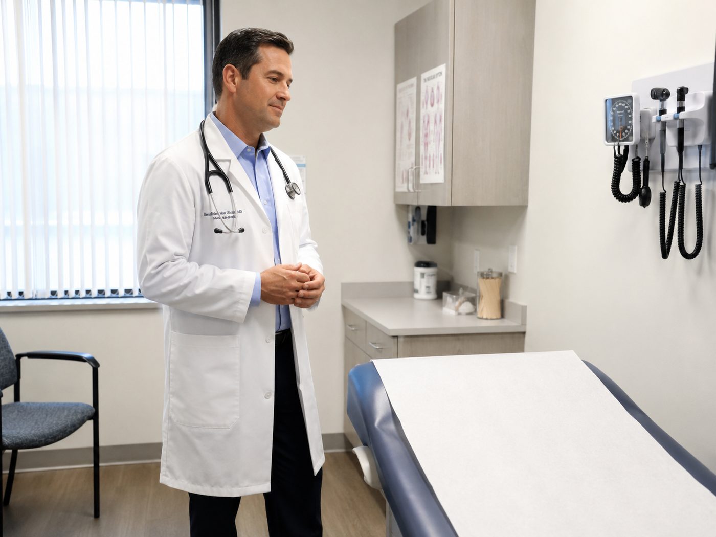 A physician in a white coat standing in a Vertex Regen exam room.