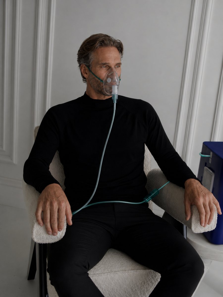 A patient seated in an armchair breathing through a mask during a nebulization therapy session.