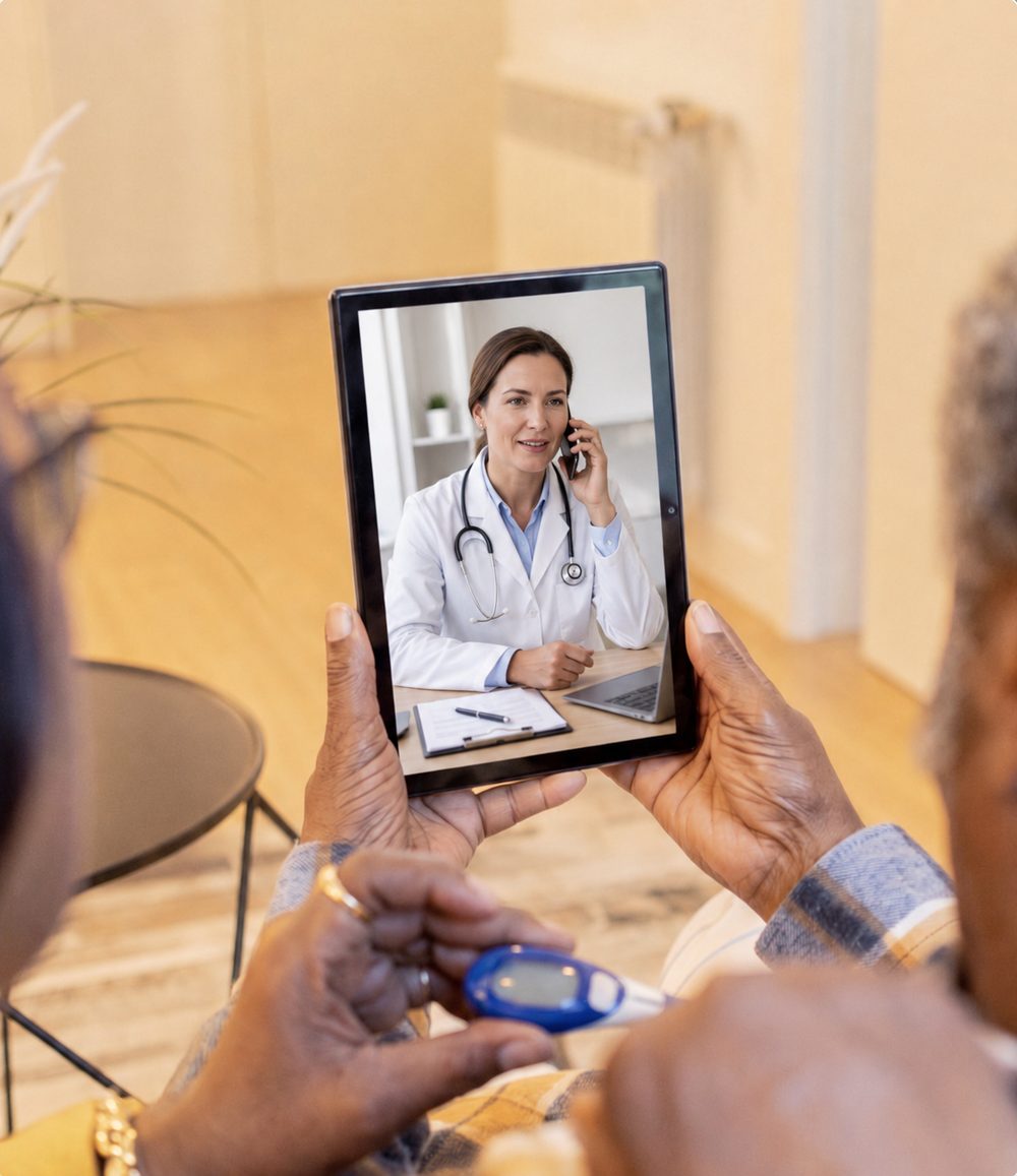 A patient holding a tablet during a telehealth visit with a physician.