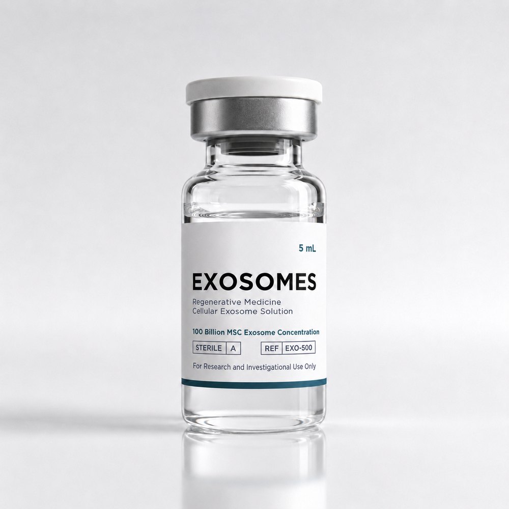 A sealed 5 mL glass vial of regenerative signaling factors on a white background.
